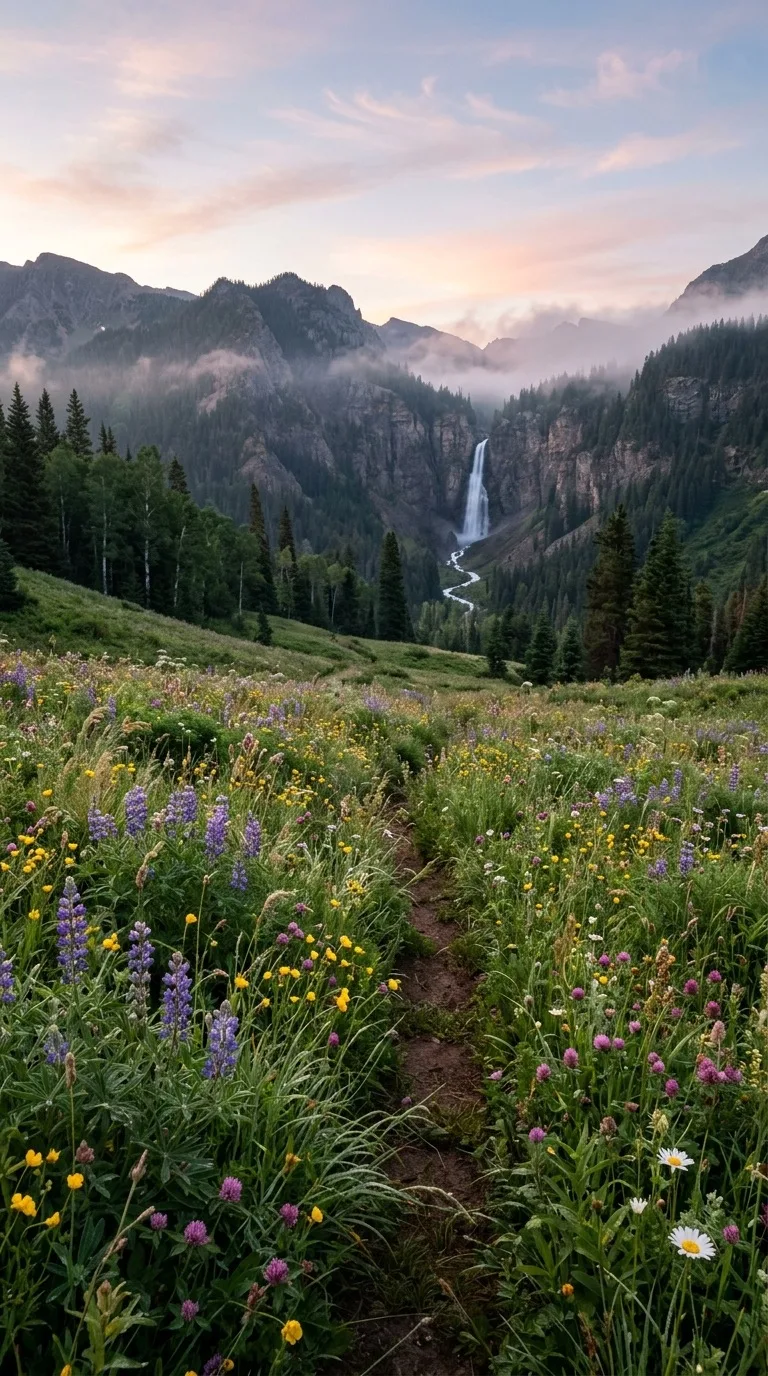 Wildflower meadow with a distant waterfall.