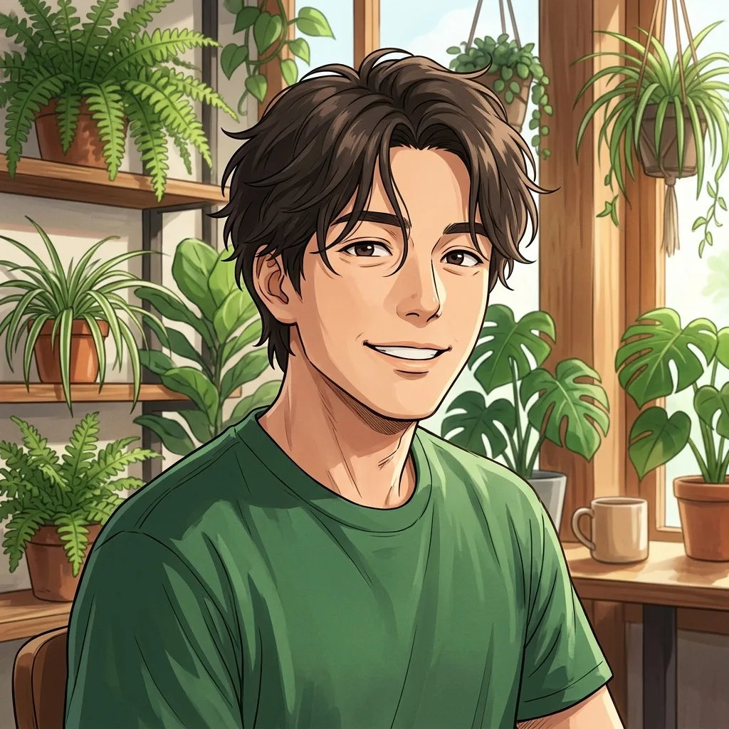 An adult man with forest green shirt in a plant-filled cafe