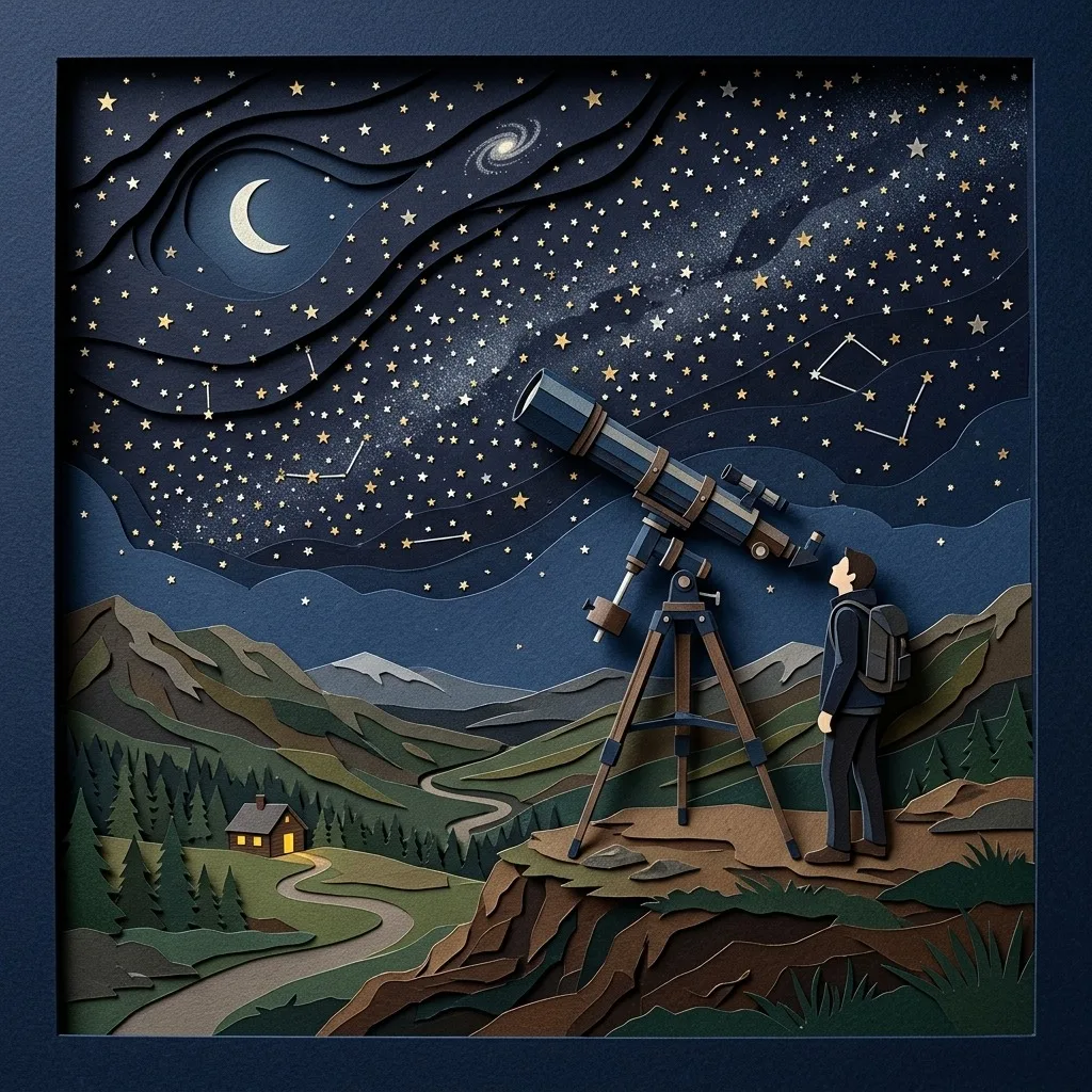 Telescope pointed at a clear starry sky