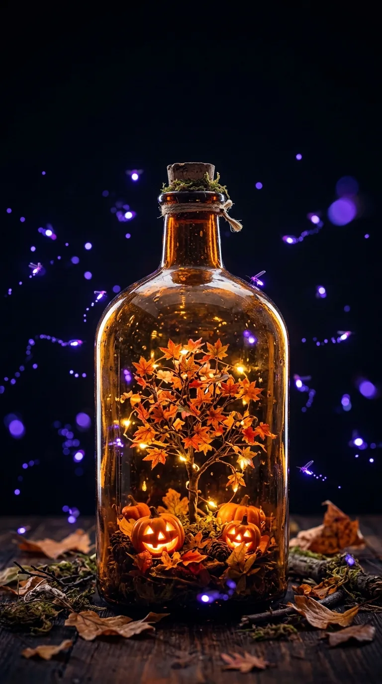 An amber bottle encloses a miniature glowing maple tree and pumpkins surrounded by purple sparks
