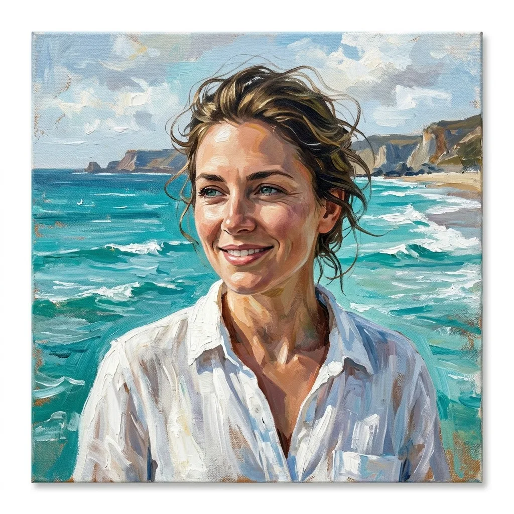 An adult woman with white linen shirt near a turquoise sea