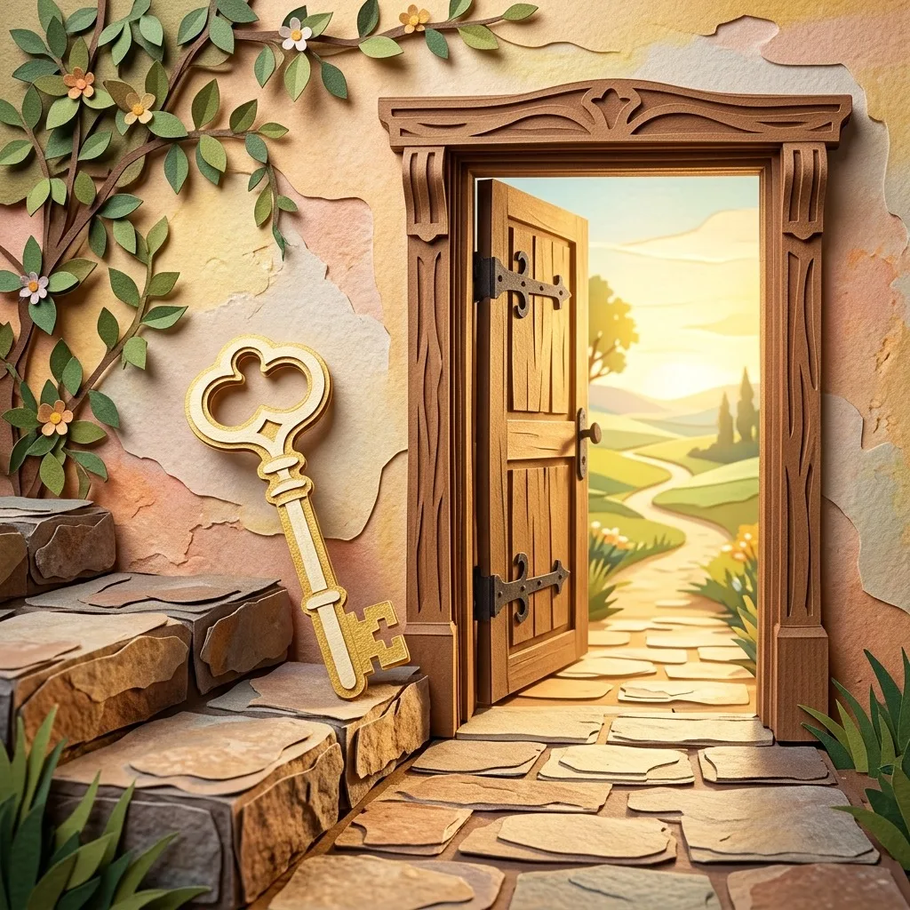 Golden key beside an open sunlit doorway