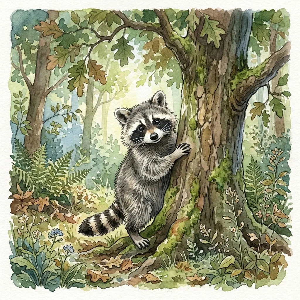 Raccoon peeking around a tree