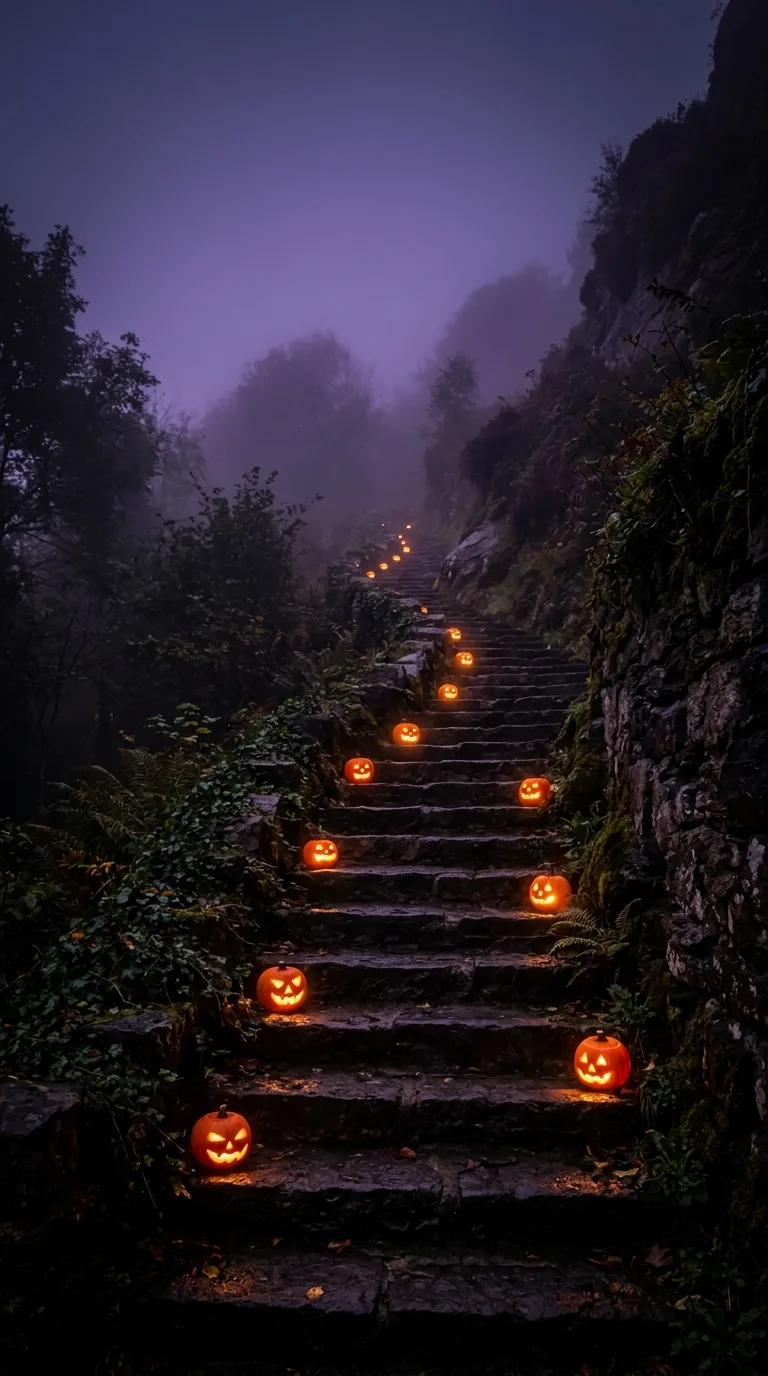 Small pumpkin lanterns lead up weathered stone steps into a misty purple forest
