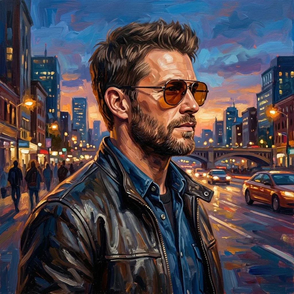 Confident adult man wearing amber sunglasses at dusk