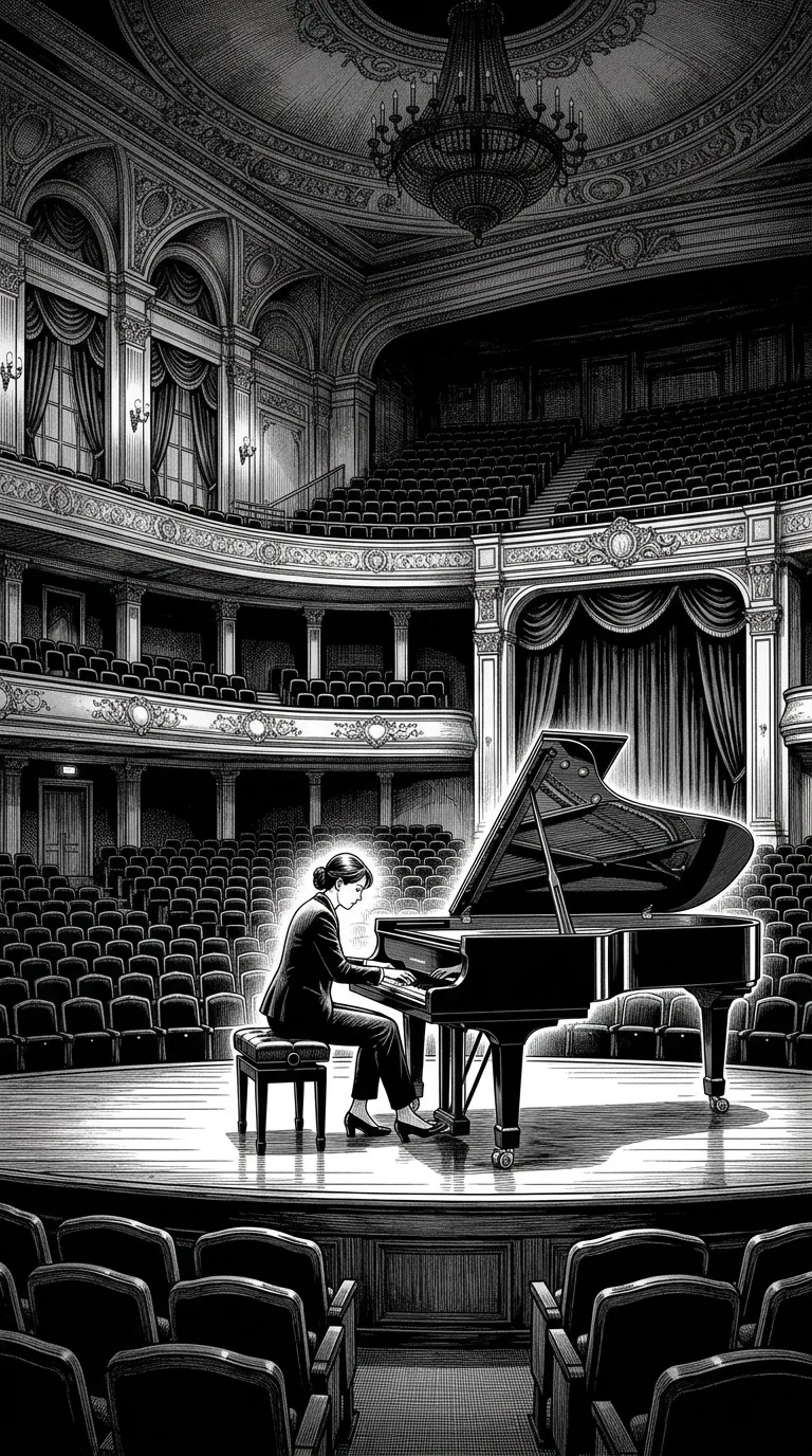An adult pianist inside a deserted concert hall.