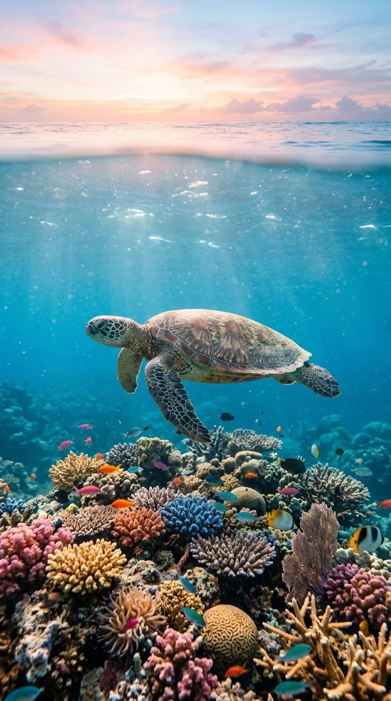 A sea turtle above colorful coral.