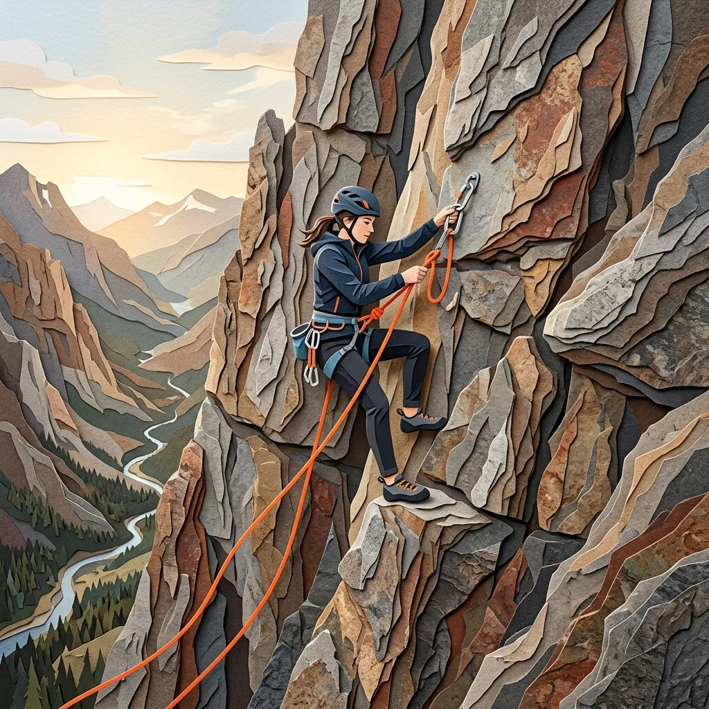 Climber securing a bright rope on a rock wall