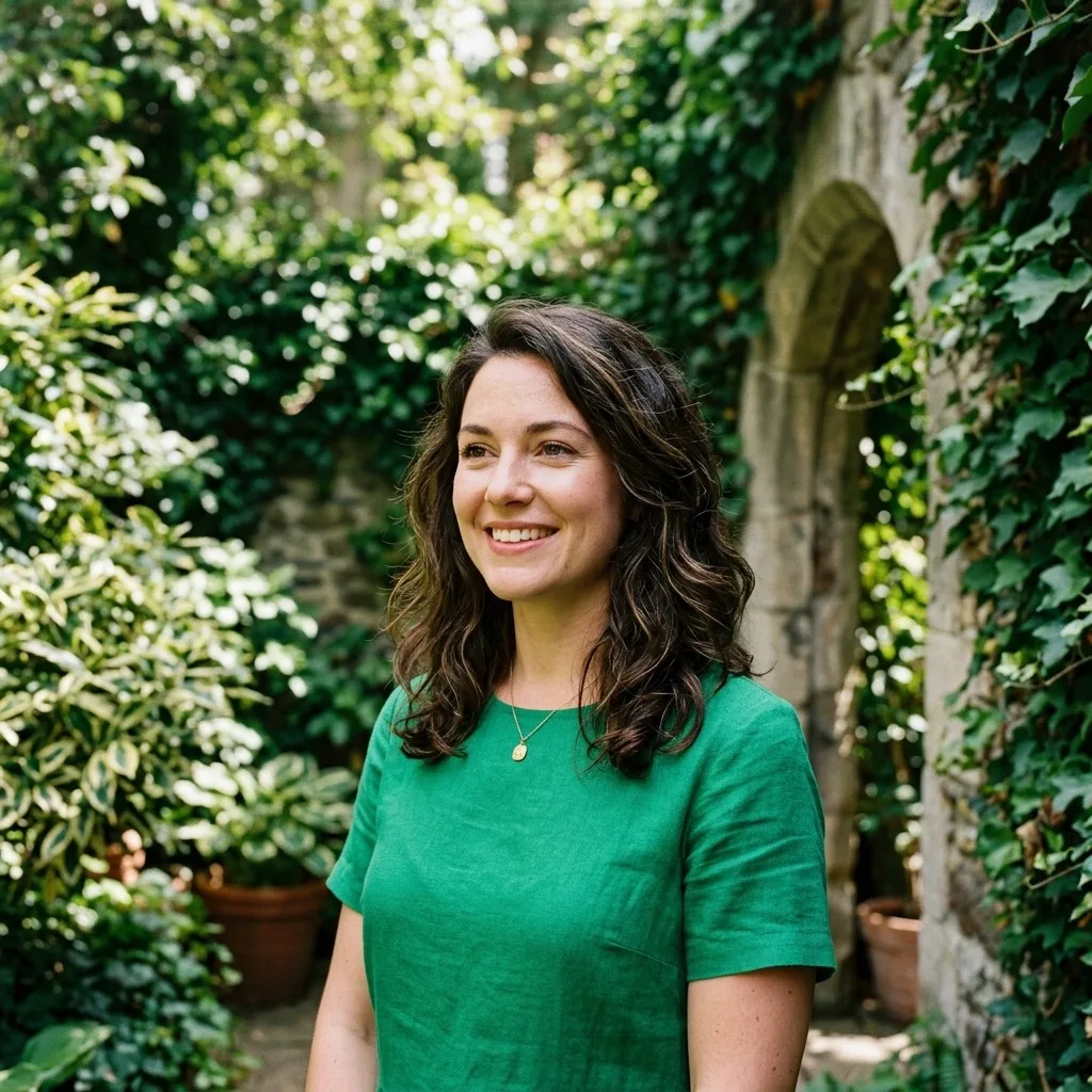 An adult woman with emerald dress beside a leafy courtyard