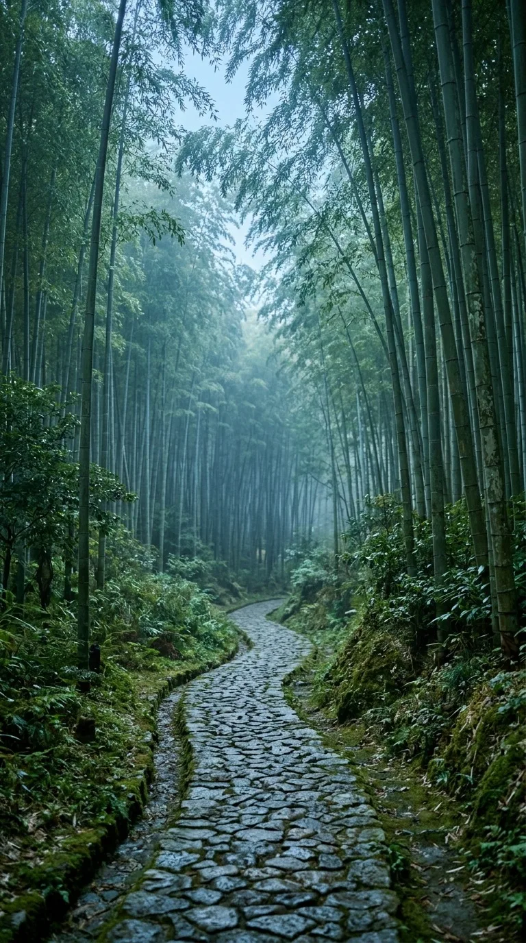 Bamboo grove with a quiet stone path.
