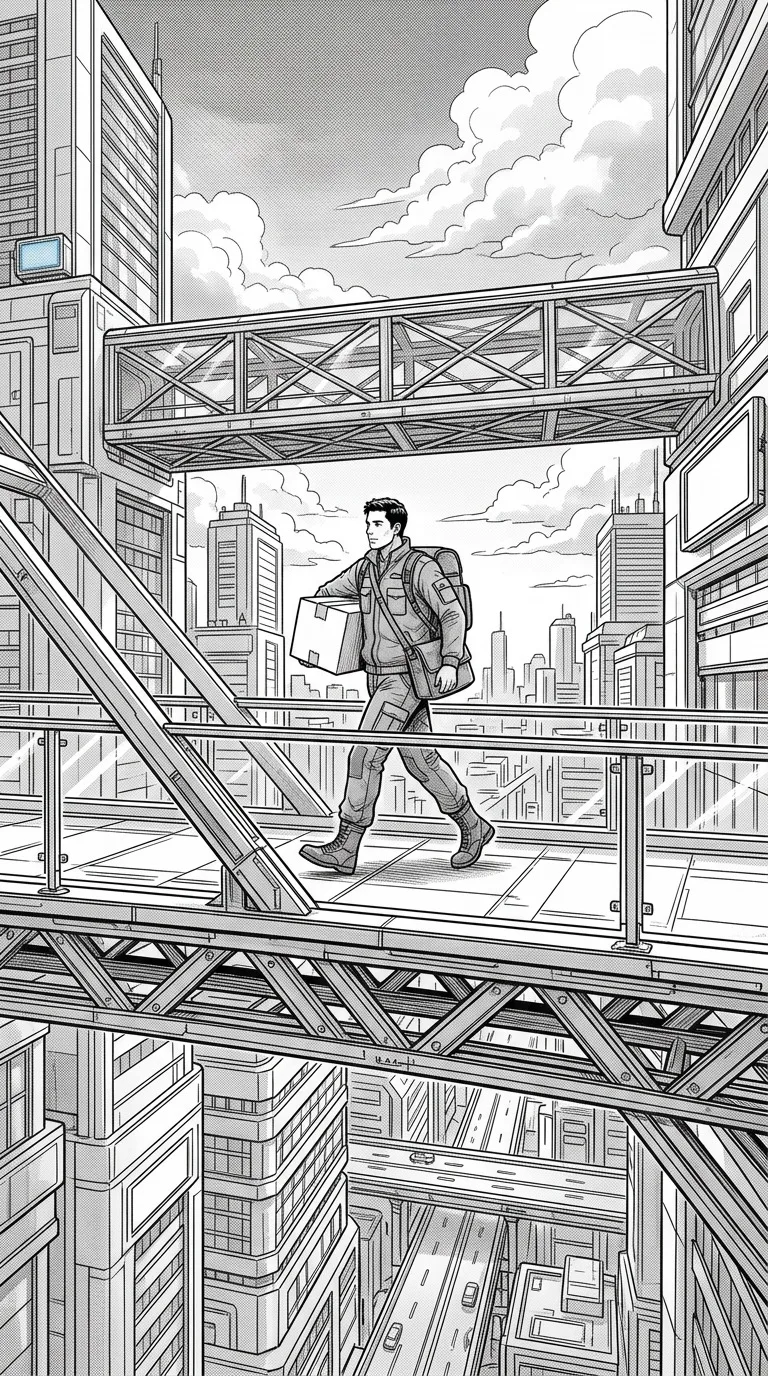 An adult courier crossing a futuristic footbridge.