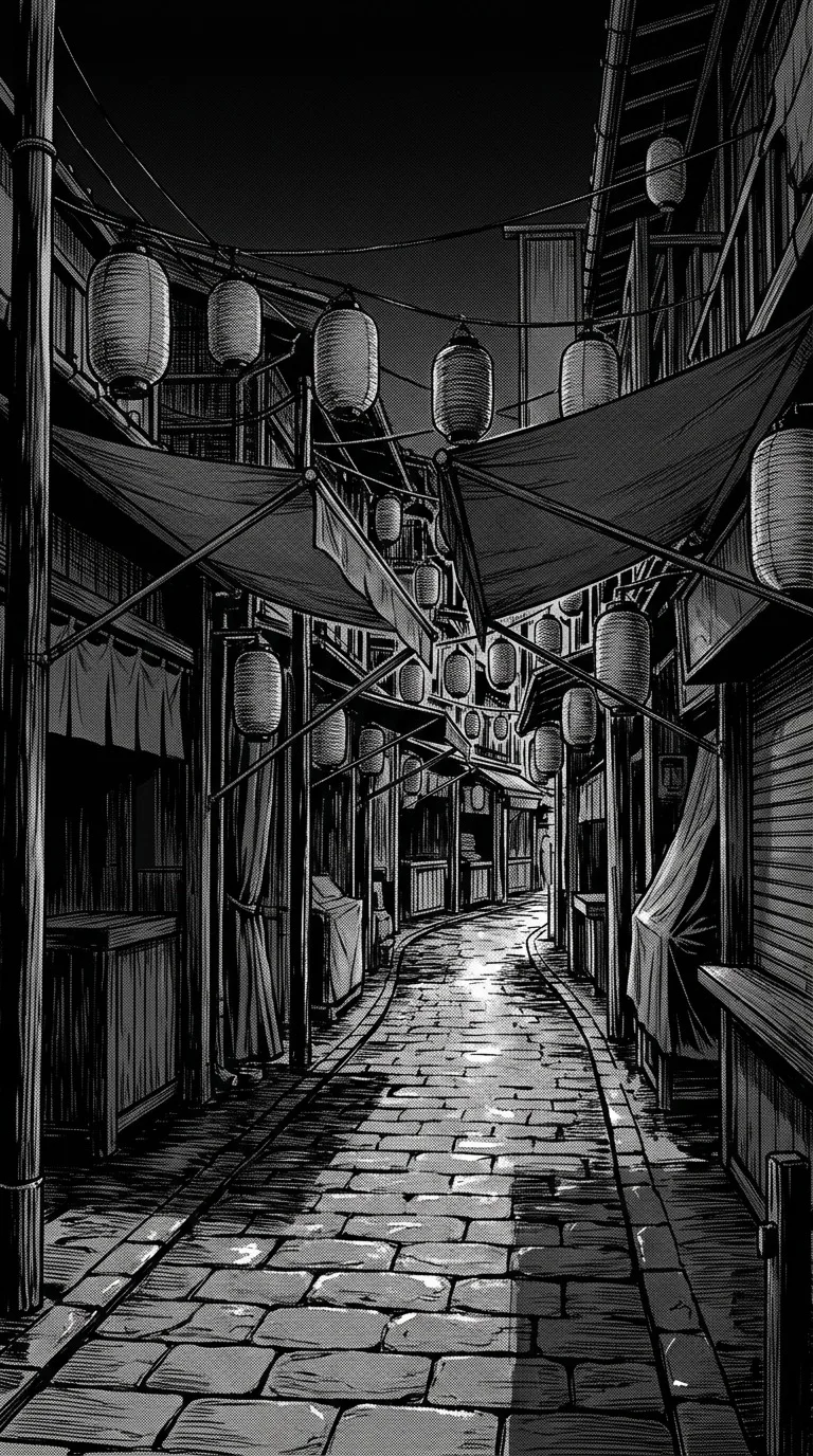 An empty closed night-market lane with unmarked awnings and hanging lanterns, wet stones and long shadows, no readable signs