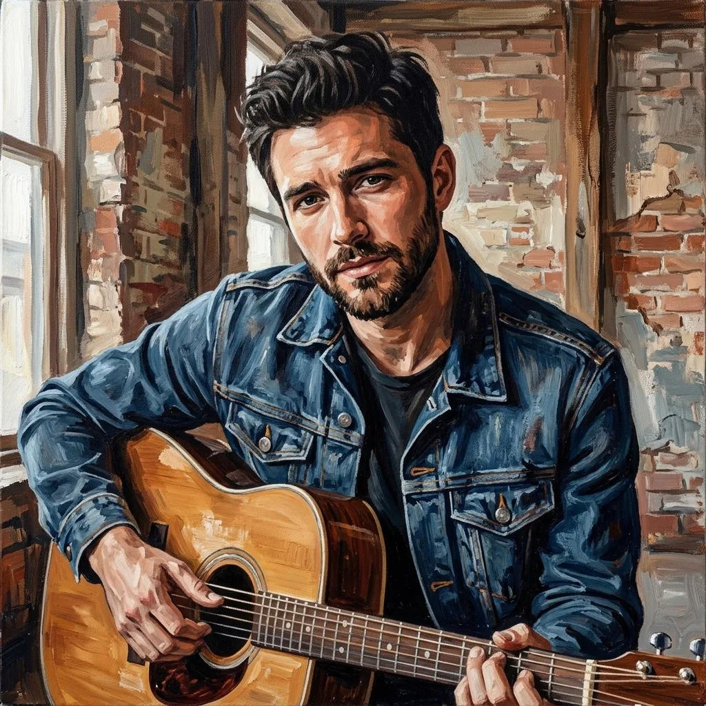 An adult man with indigo denim and acoustic guitar in a loft