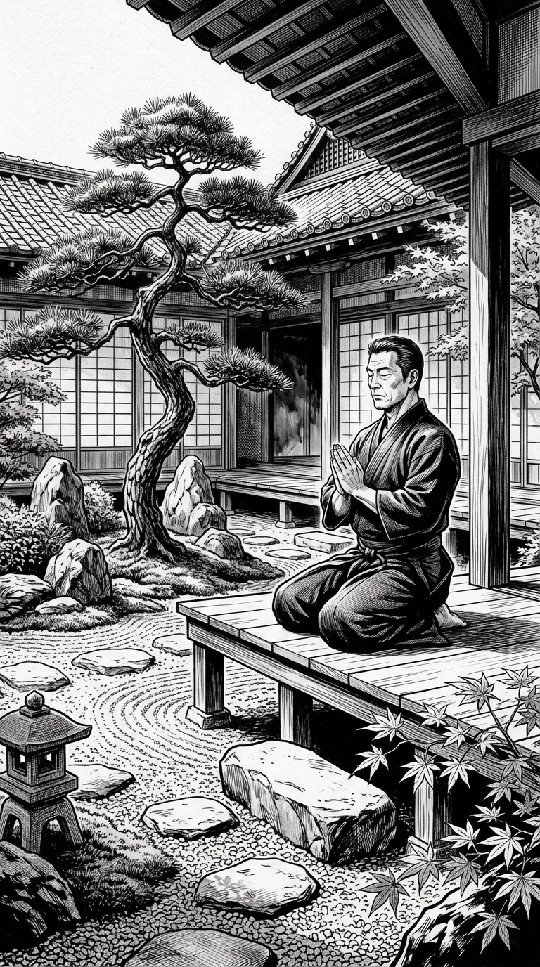 An adult martial artist in a peaceful courtyard.