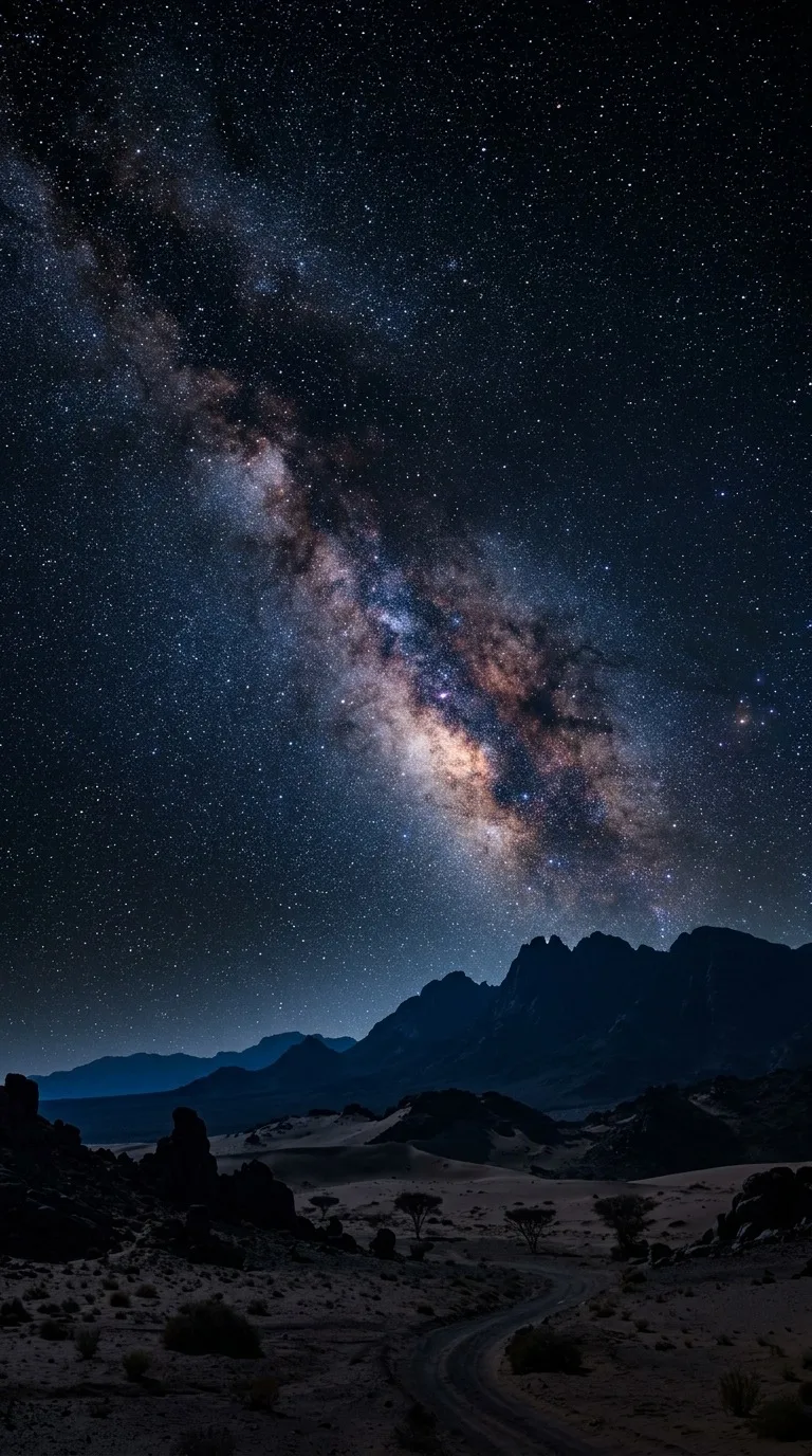 A star-filled milky way over a desert silhouette.