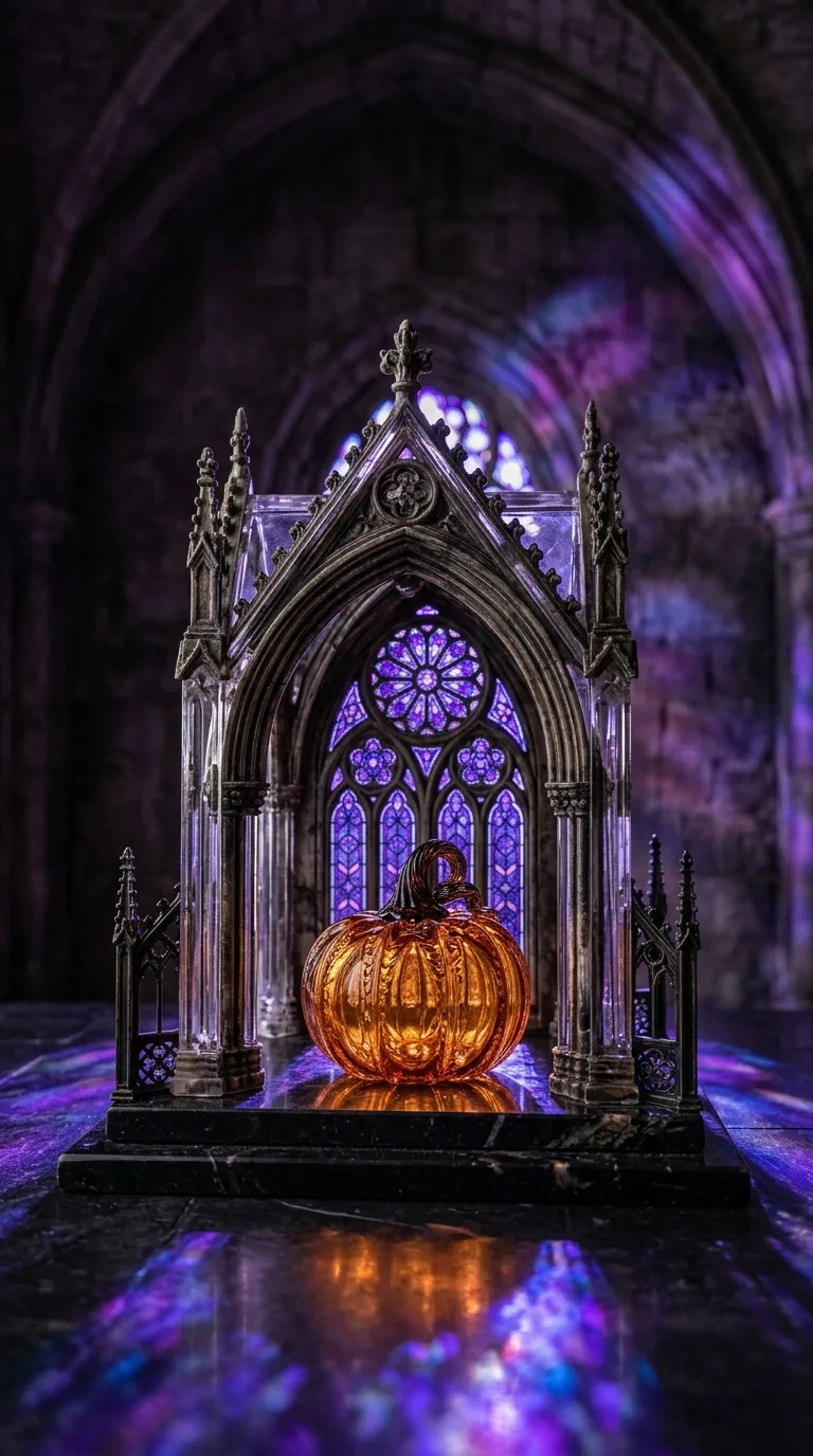 An amber glass pumpkin sits inside a gothic miniature arch with purple stained glass