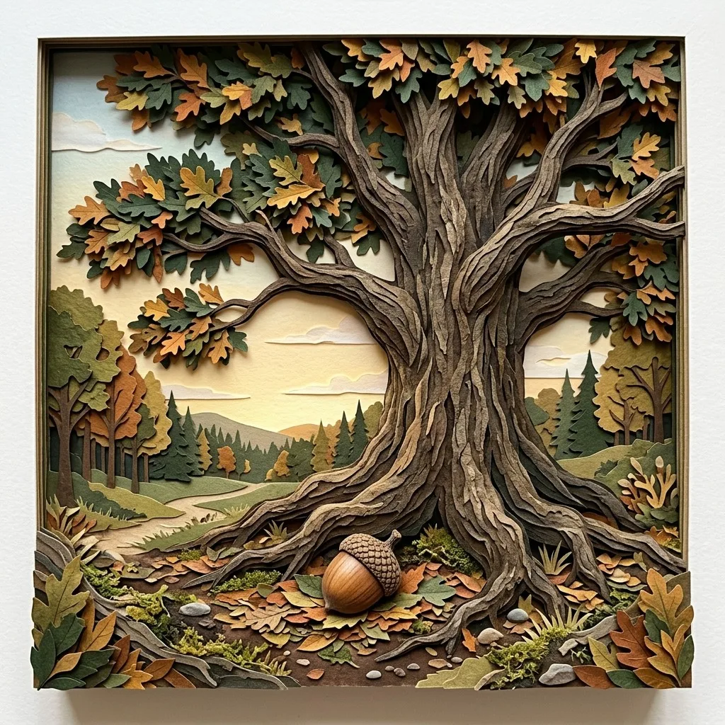 Tiny acorn beside a towering oak