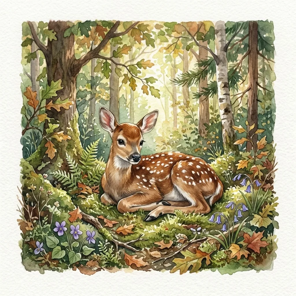 Fawn under woodland sunlight