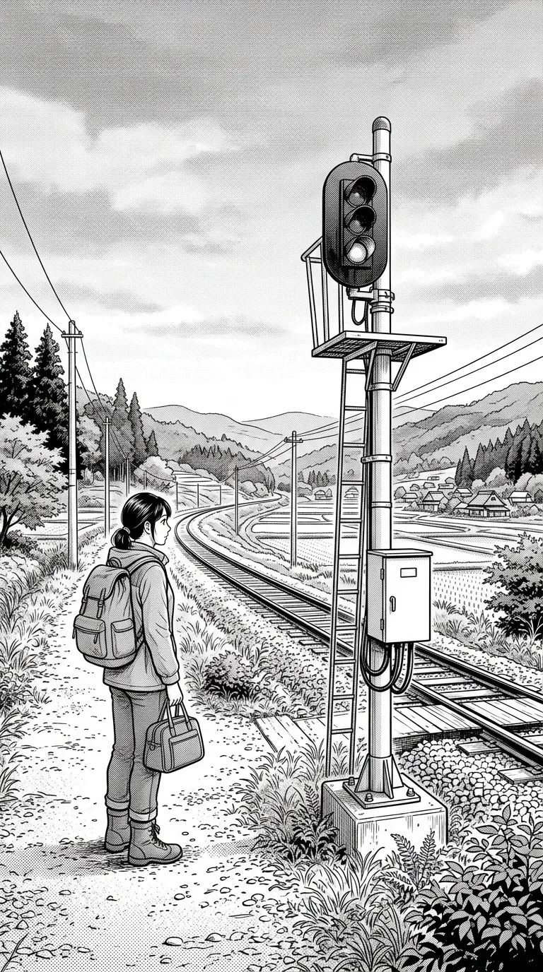 An adult traveler beside a rural railway signal.