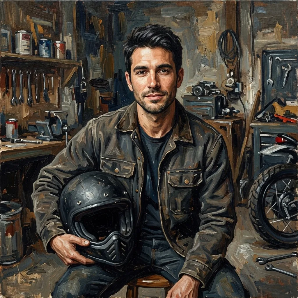 An adult man with black motorcycle helmet held at side in garage