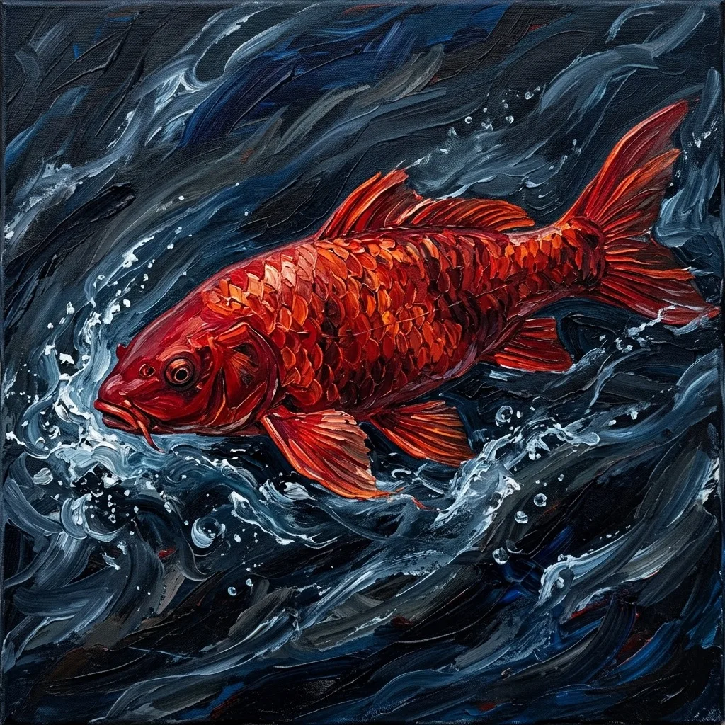 Crimson koi swimming against dark current