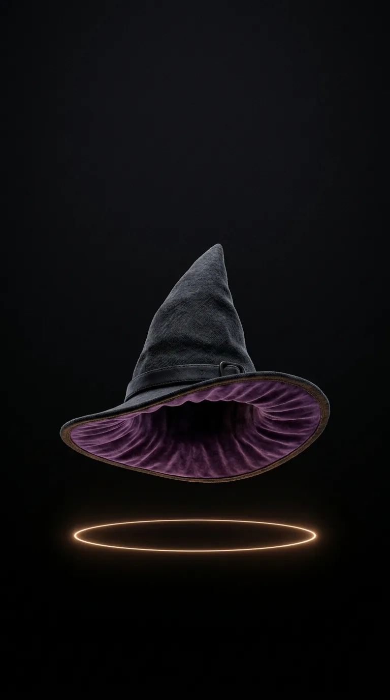 A dark violet witch hat floats above a thin amber ring of light
