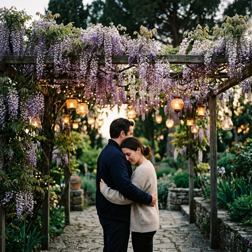 Adult couple beneath a wisteria pergola with hanging lanterns
