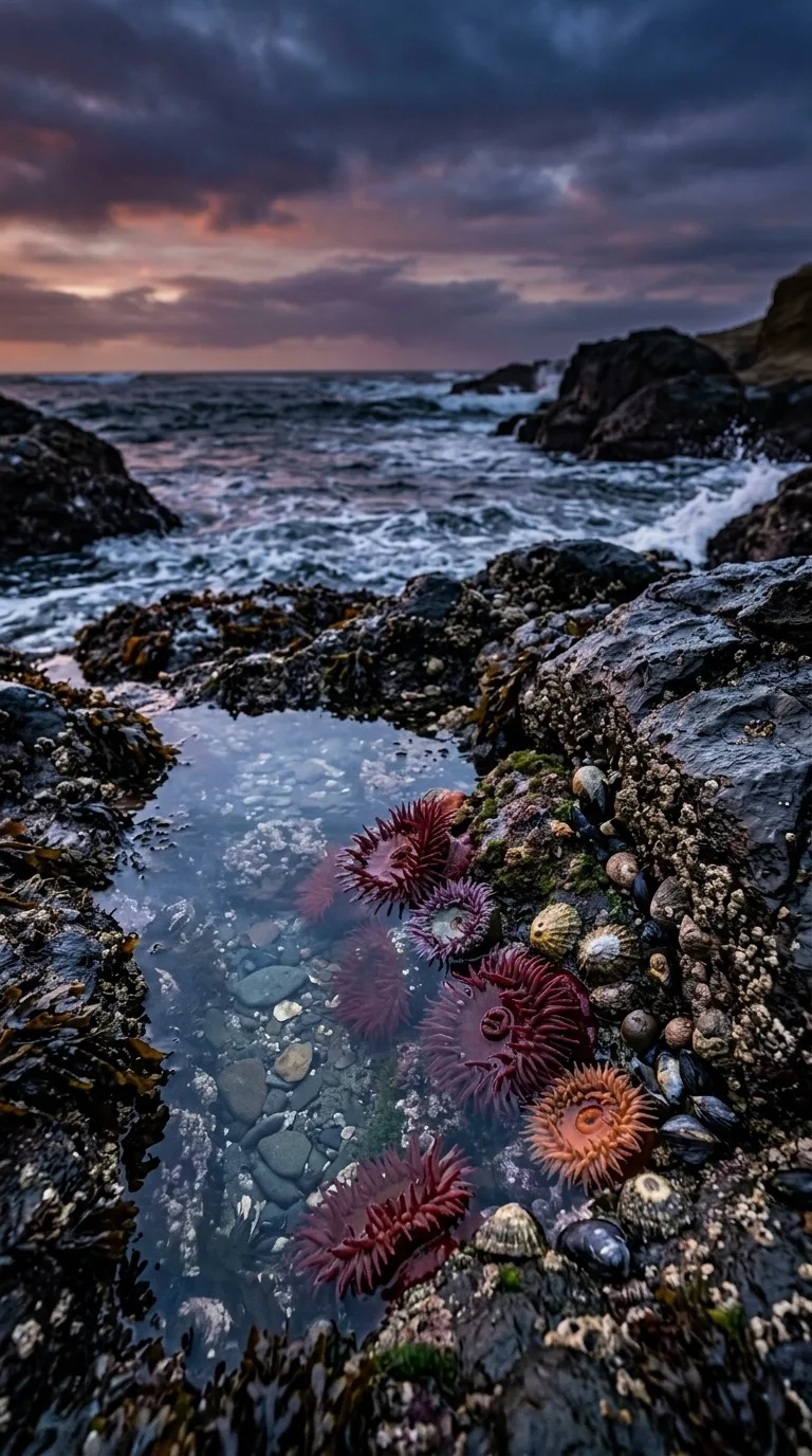 A rocky tide pool with anemones.