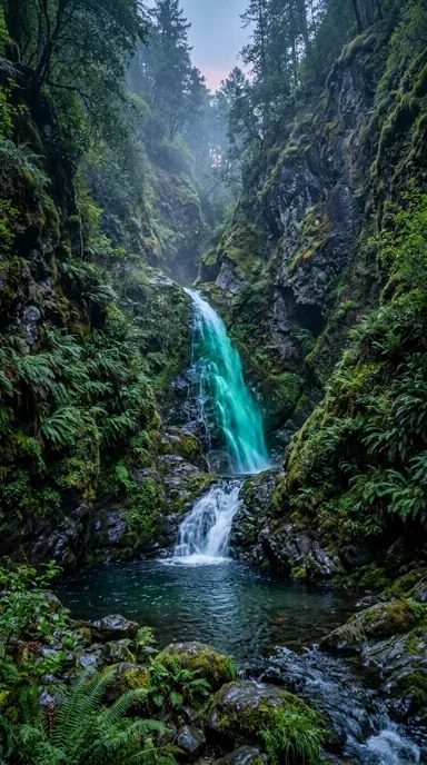 Emerald waterfall in a fern canyon.