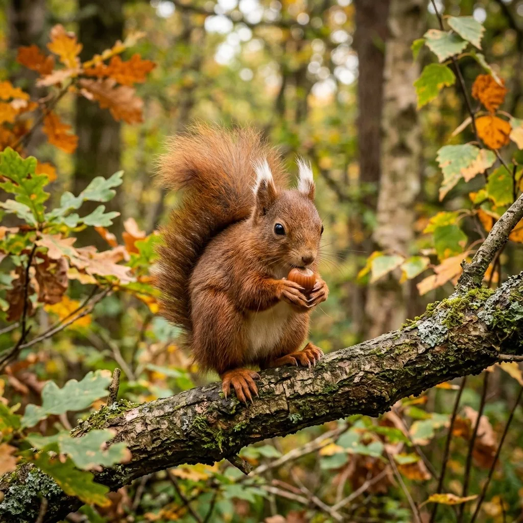 Red squirrel holding a hazelnut