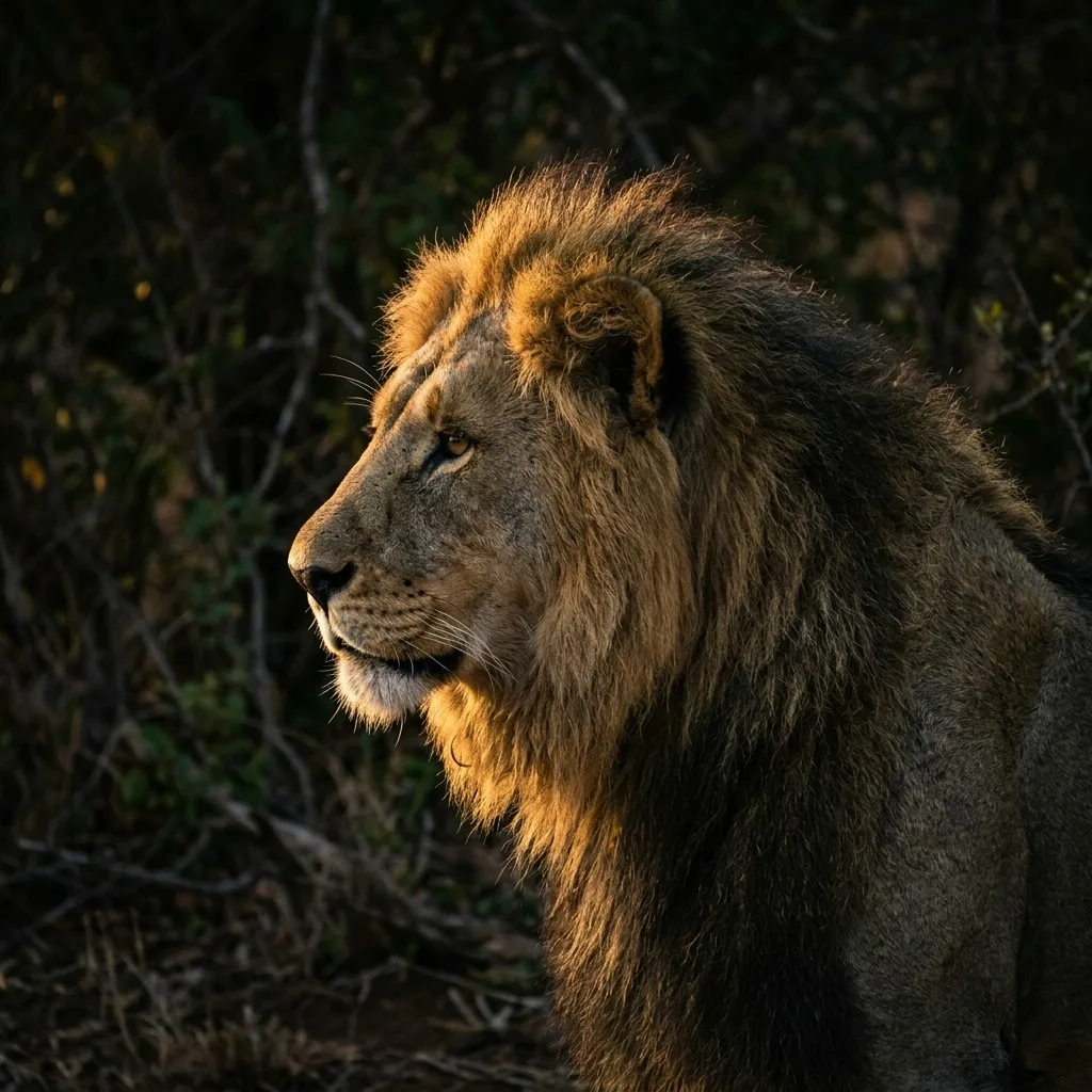 Calm lion portrait with gold rim lighting