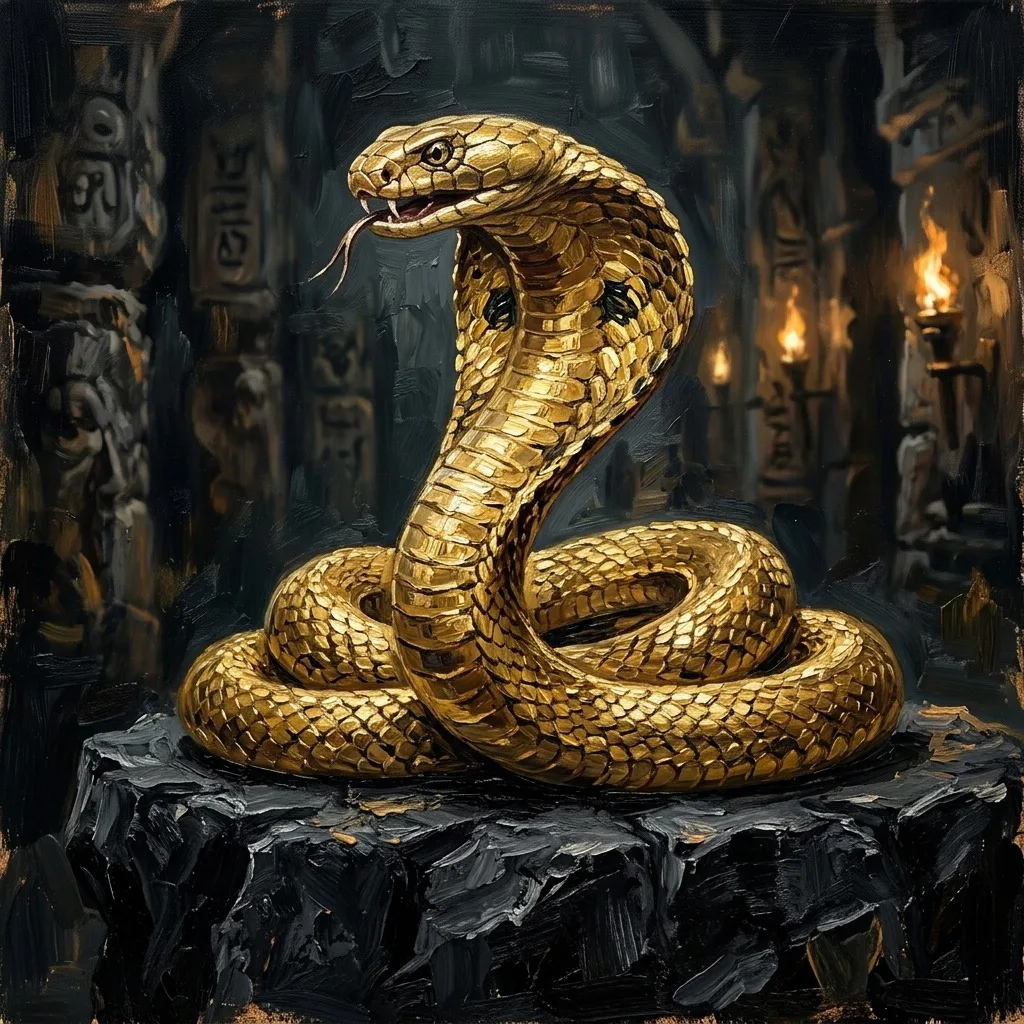Golden cobra coiled on black stone
