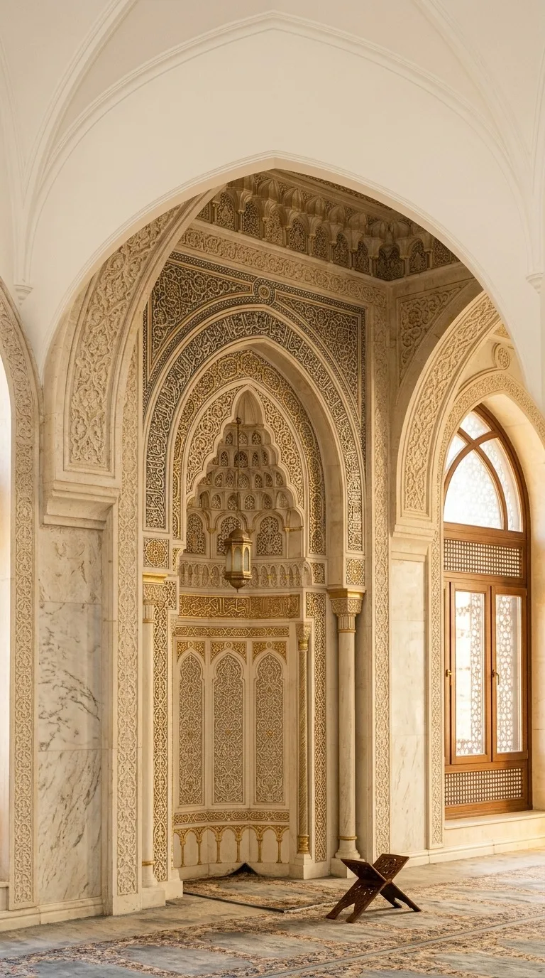 An ornamental mihrab niche in ivory and gold.