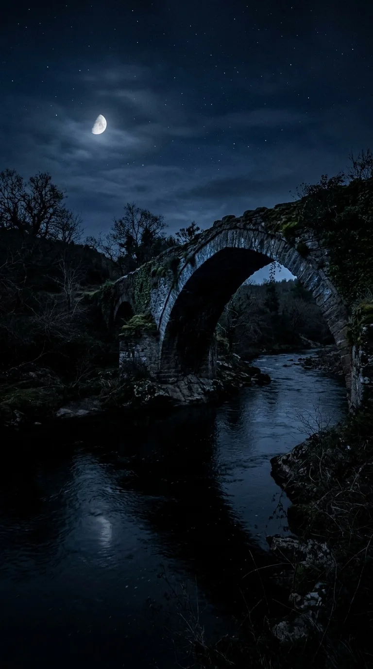 An abandoned stone bridge in moonlight.