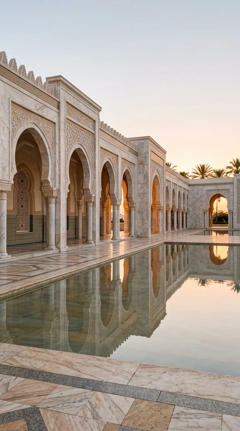 A marble arcade reflected in a shallow courtyard pool.
