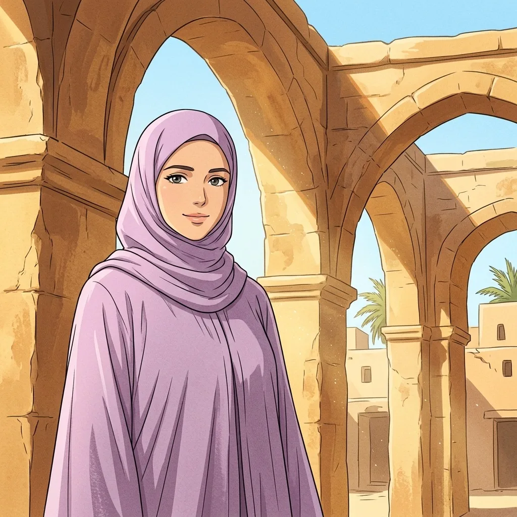 An adult woman with lilac abaya beside sunlit sandstone arches