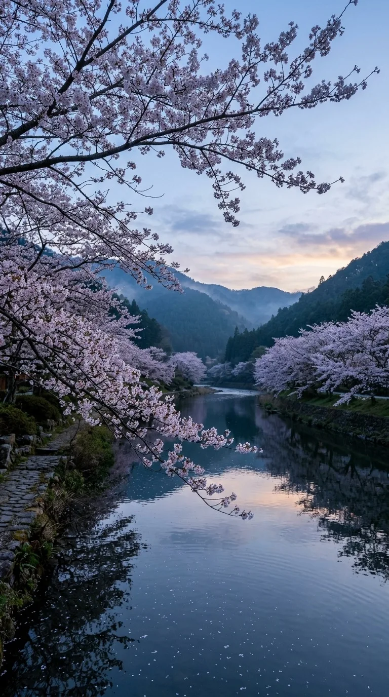 Cherry blossom branches over a river.