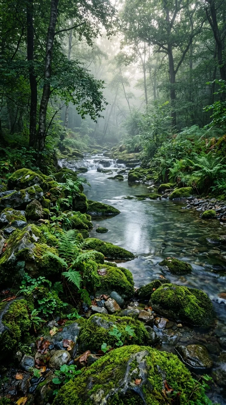 Moss-covered stones beside a stream.