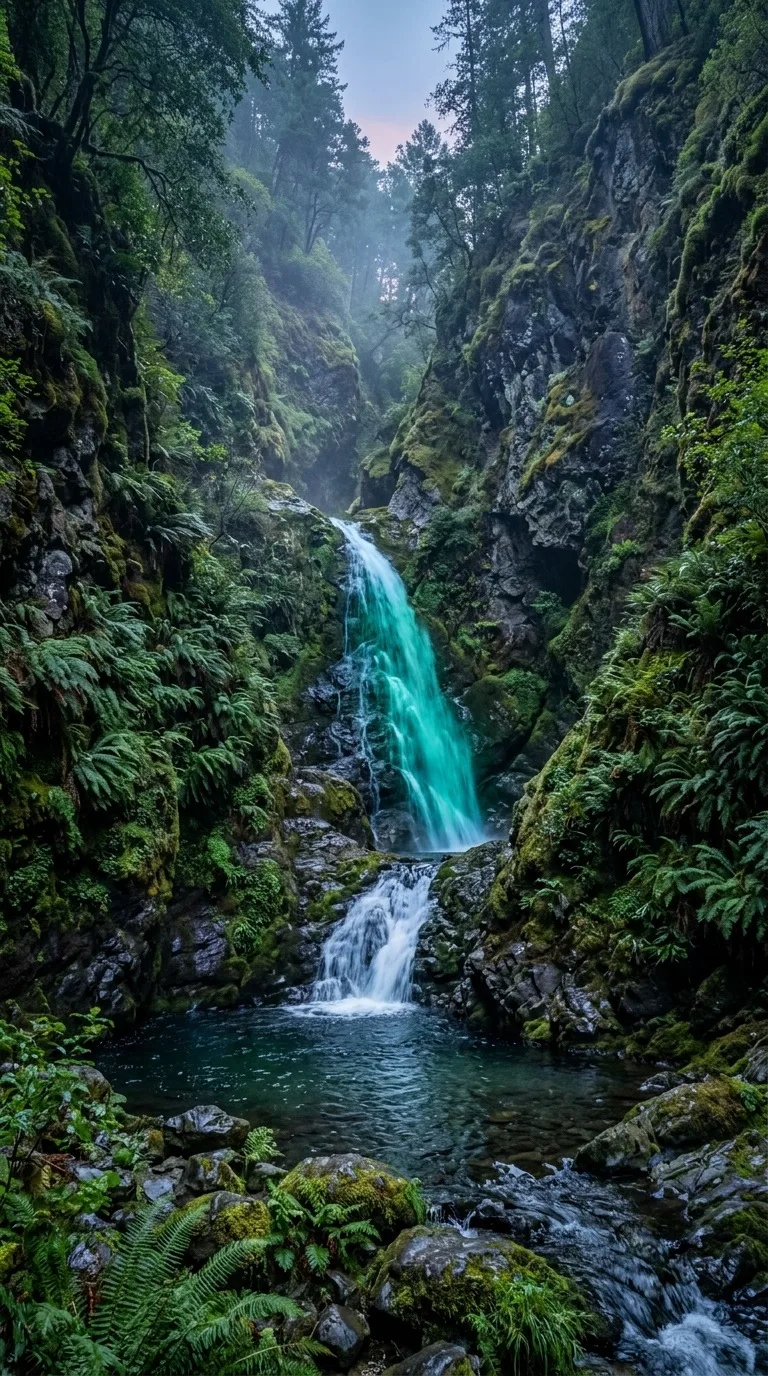 Emerald waterfall in a fern canyon.
