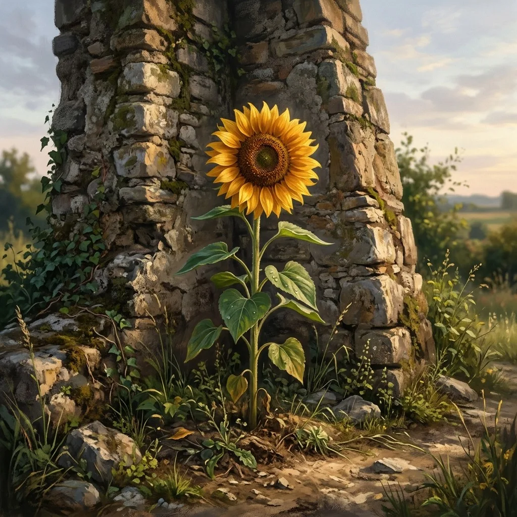 Single sunflower growing beside an old wall