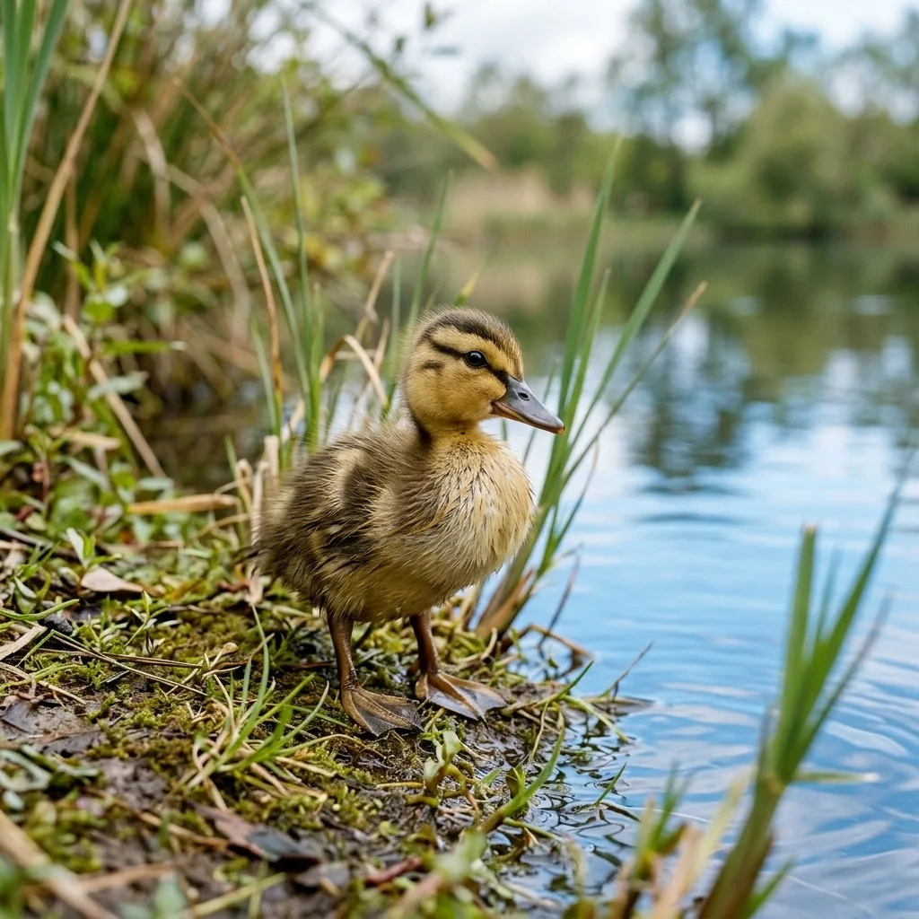 Duckling beside blue pond water
