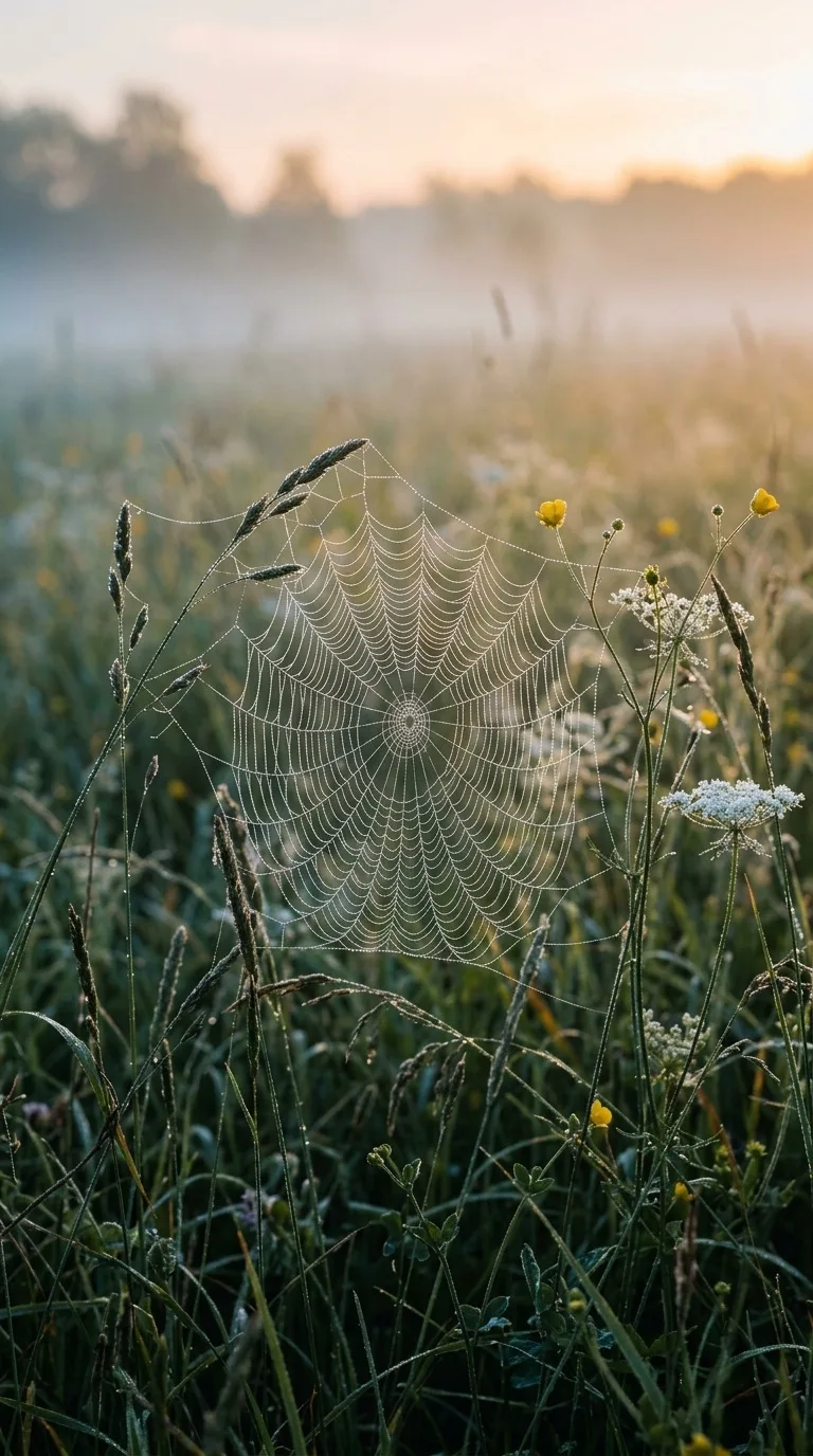 Dewy spiderweb among soft meadow grasses.