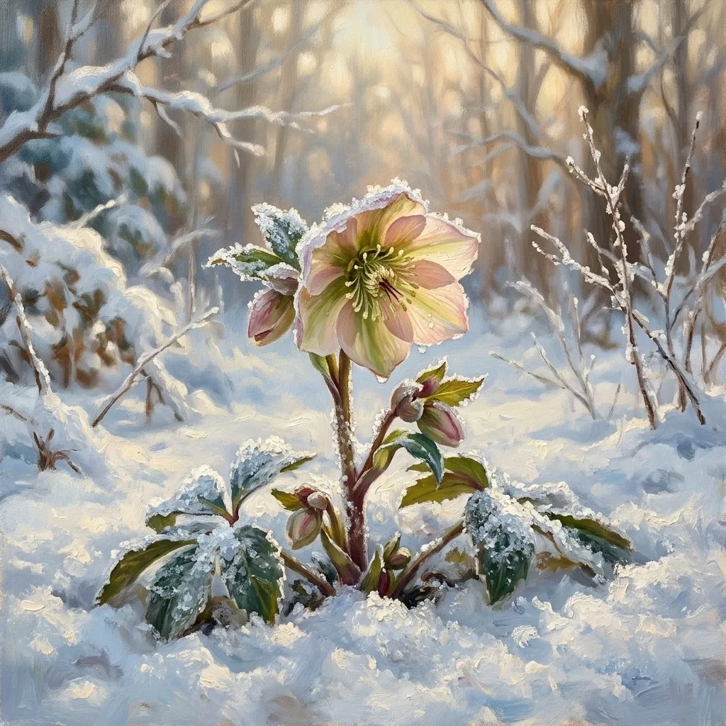 Snow-covered flower beginning to bloom