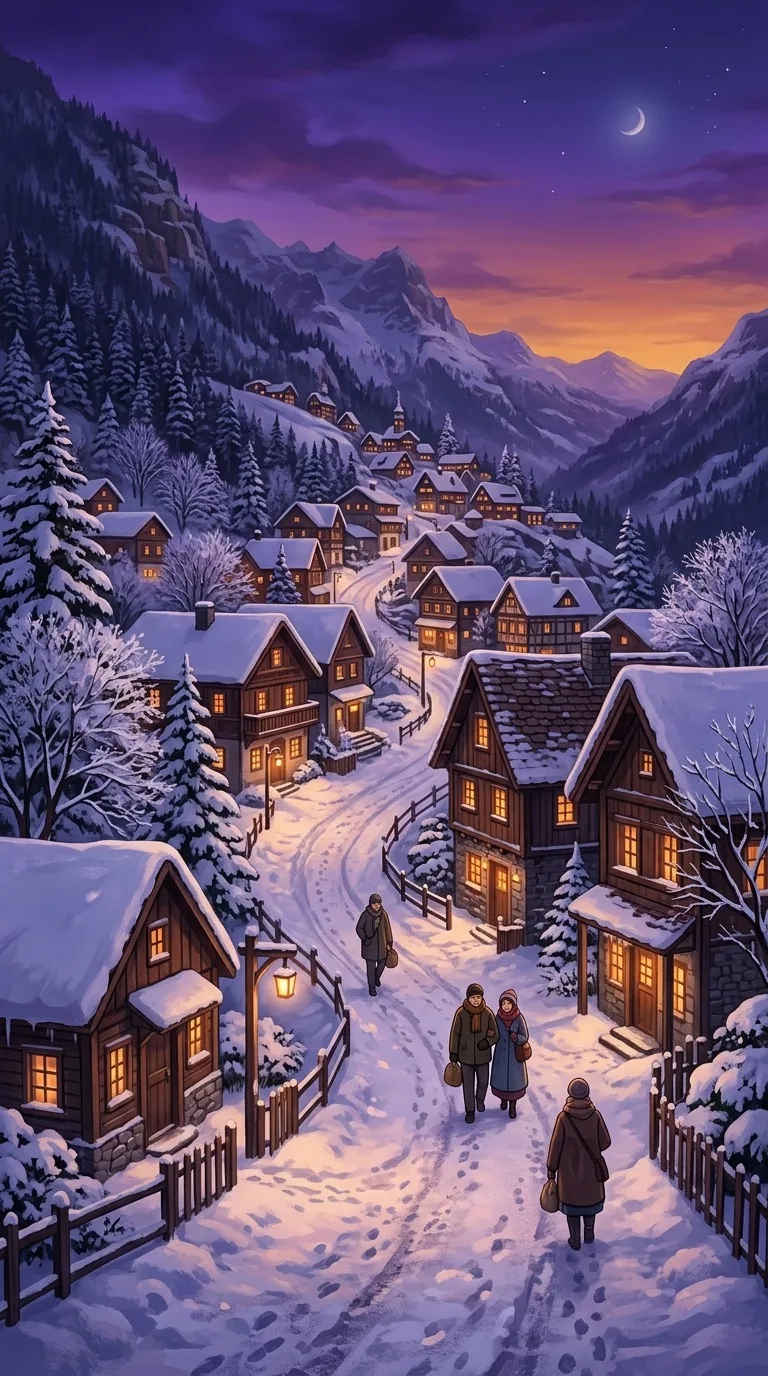 A snowy village with warm window light.