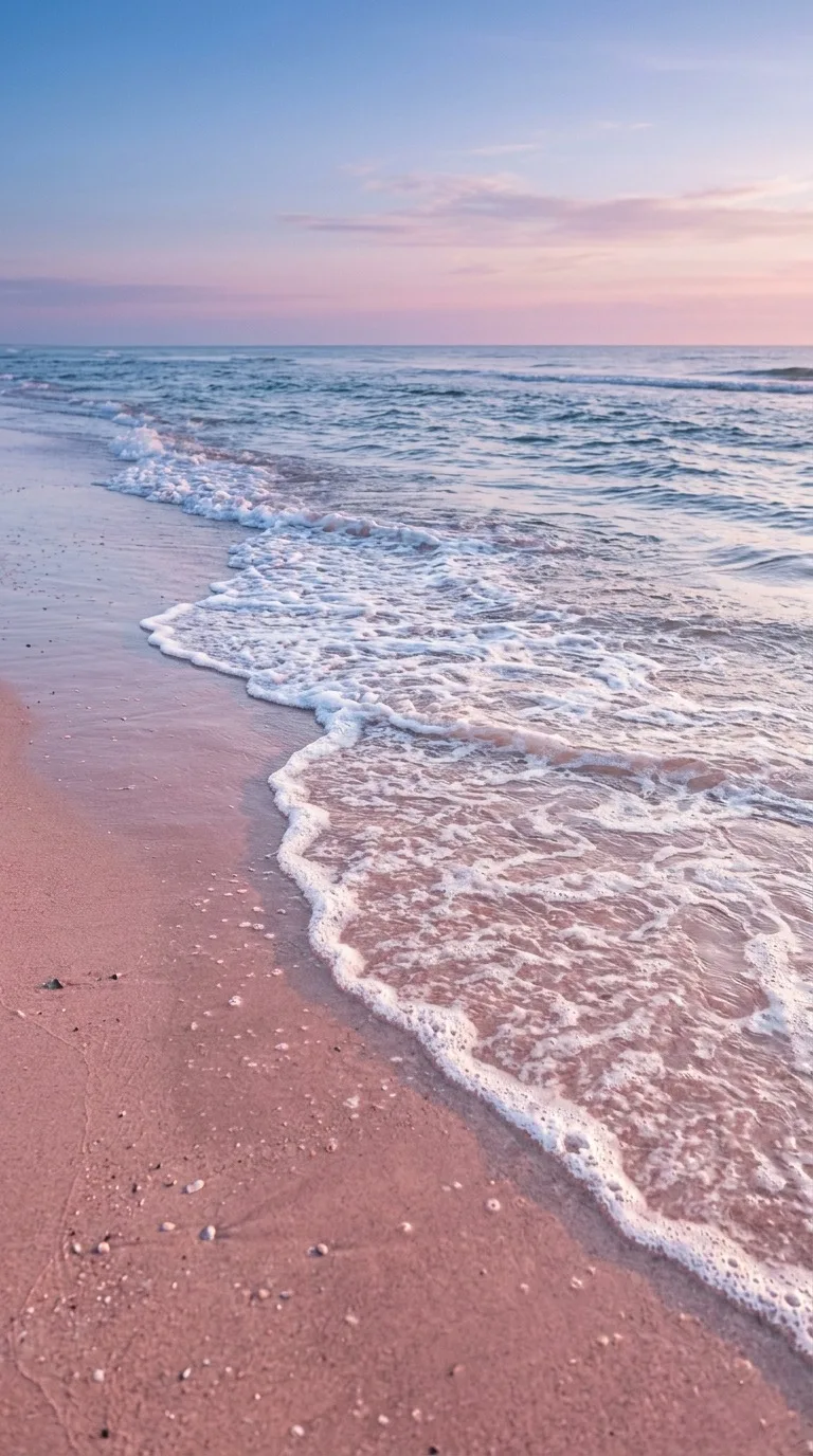 A foamy surf line on rose-colored sand.