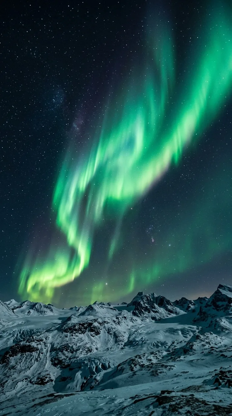 An emerald aurora above a snowy planetary horizon.