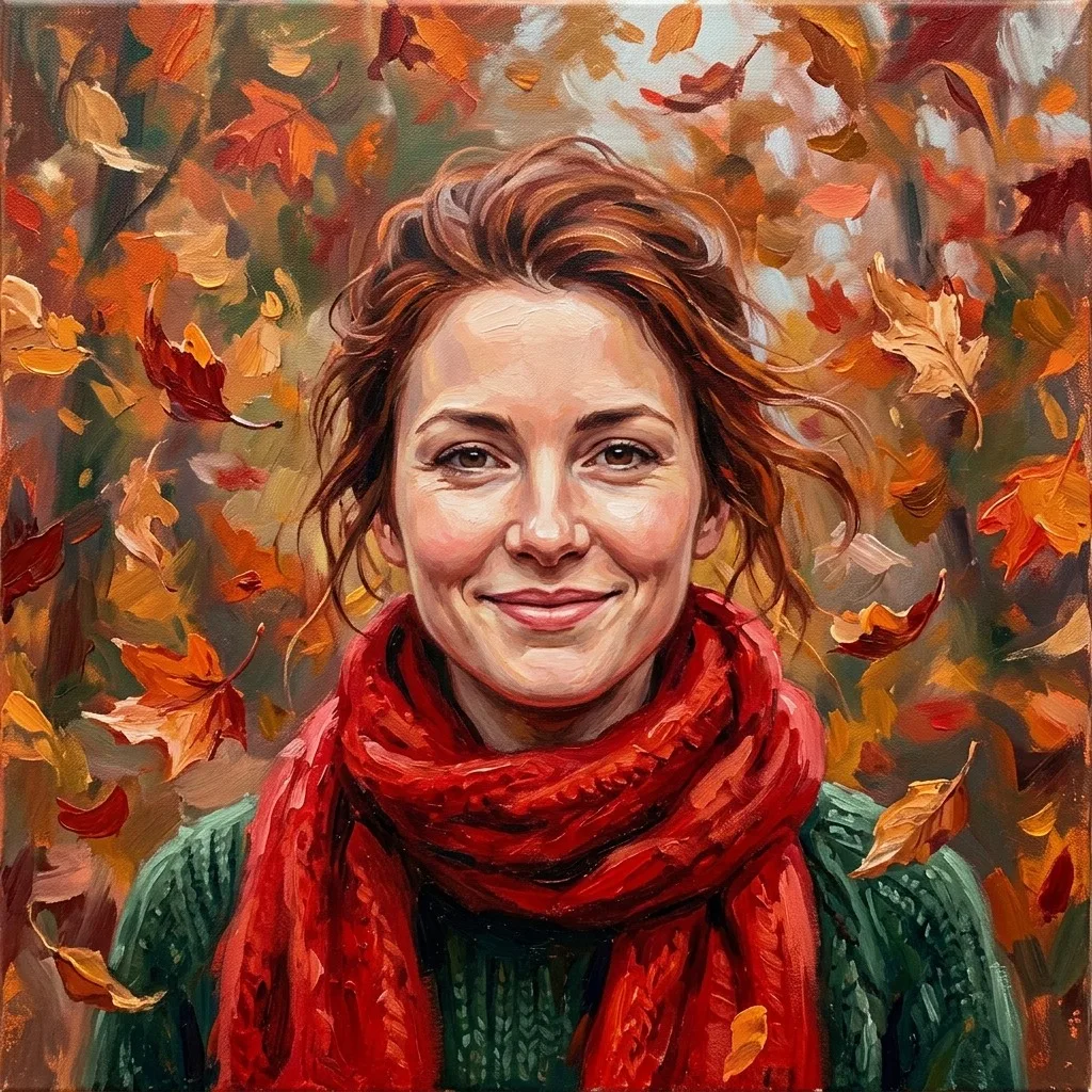 An adult woman with red scarf amid falling autumn leaves