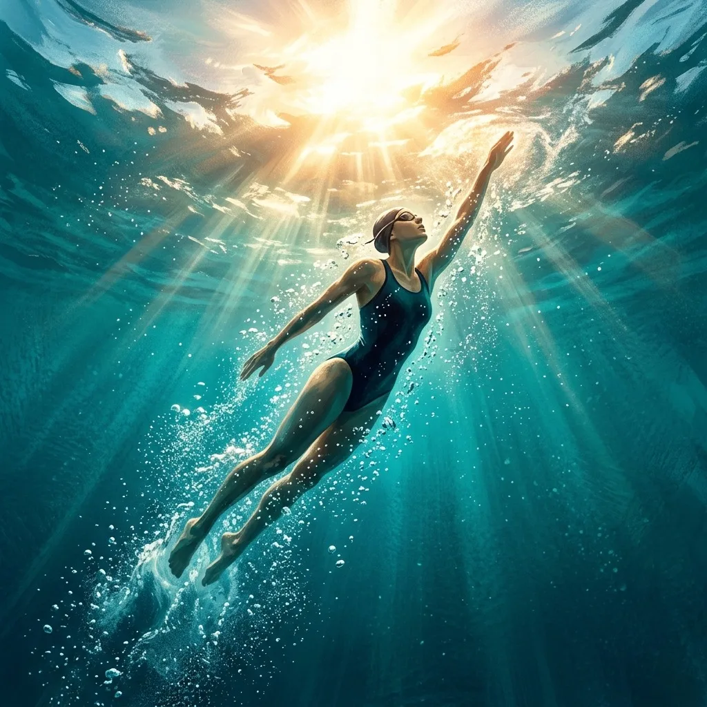 Swimmer rising through turquoise water toward sun