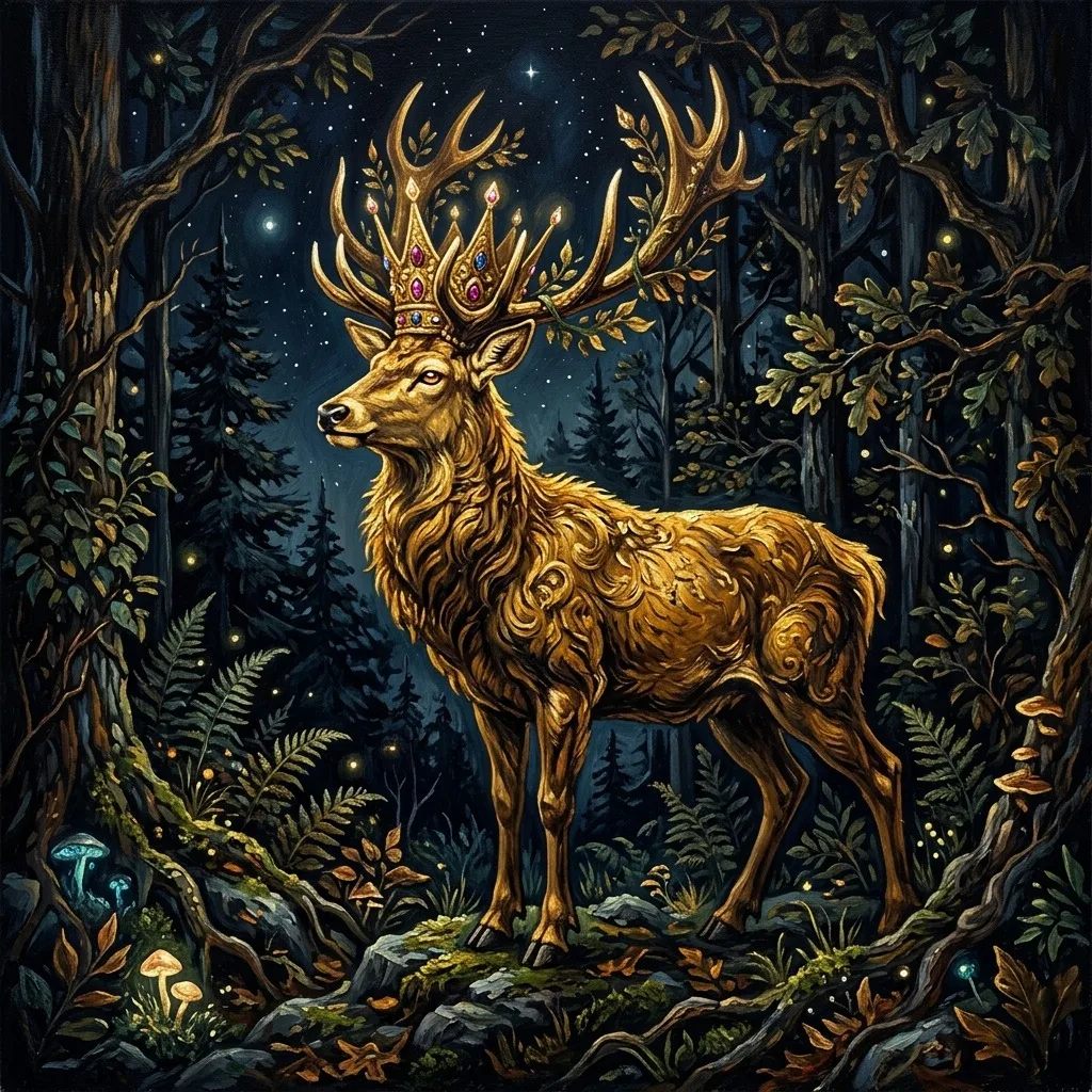 Crowned golden stag in midnight forest