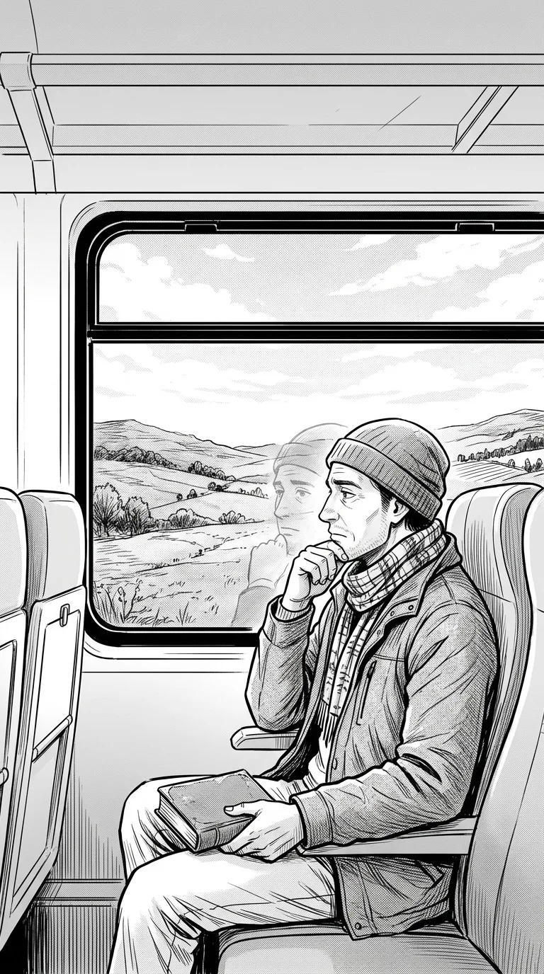 An original adult traveler reflected faintly in a train window, rolling hills beyond and softly inked empty seats, thoughtful mood